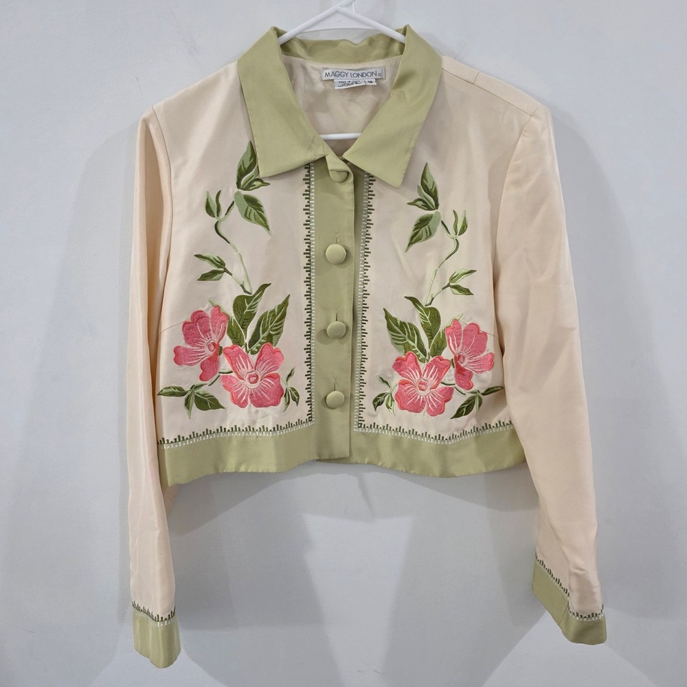 Vintage Maggy London Womens Cropped Silk Jacket Size 12 Beige Floral Old Money